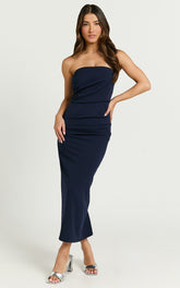 Calanthe Midi Dress - Strapless Tuck Detail Dress in Navy